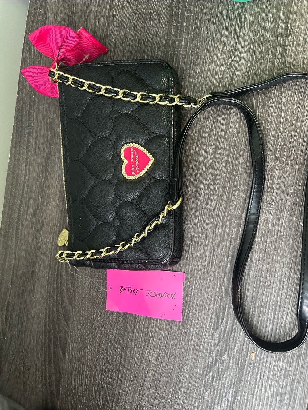 Betsey Johnson Black Quilted Crossbody Bag with Pink Heart Accent